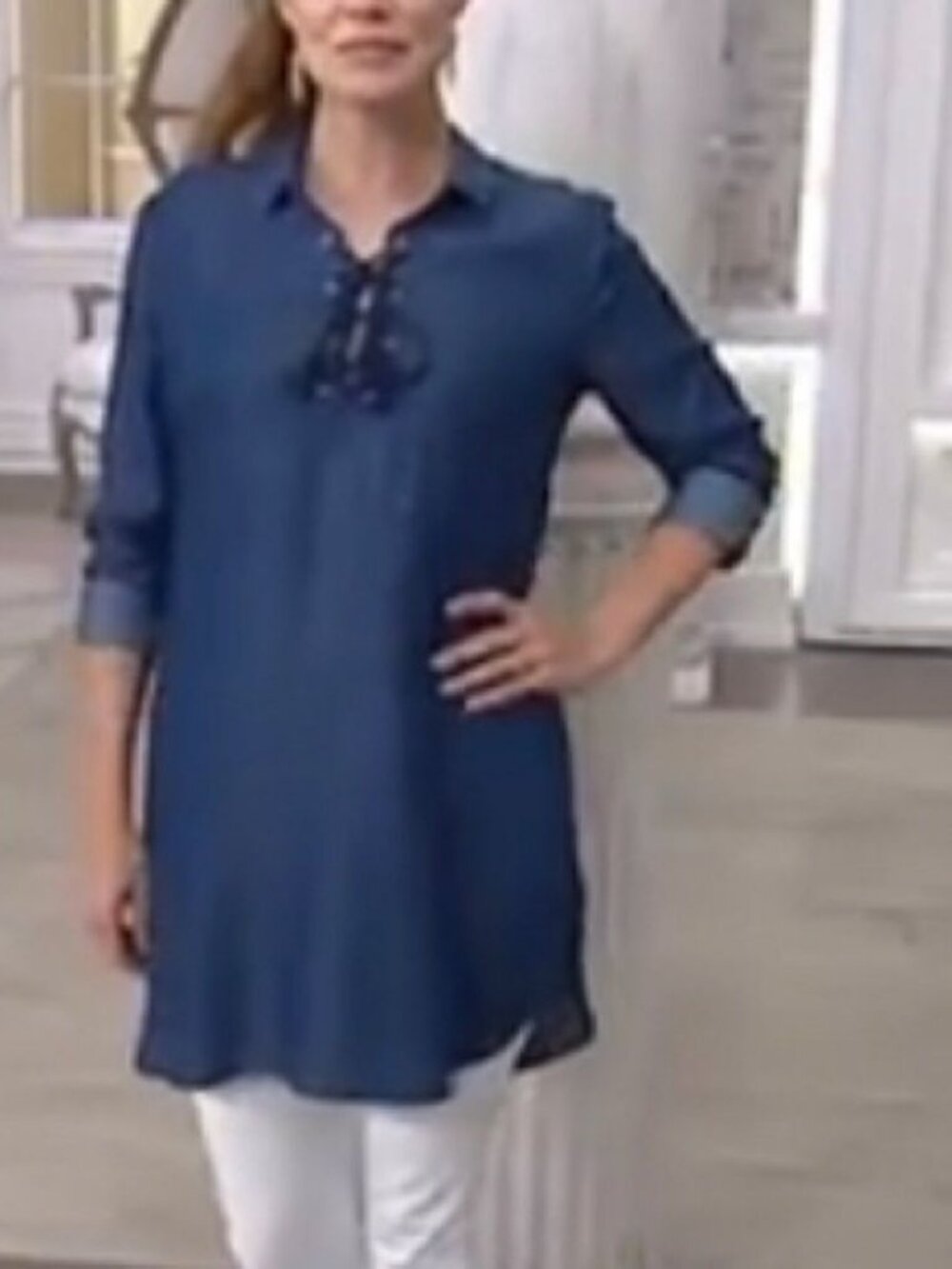 Du Jour Long Sleeves Lace Front Tencel Denim Tunic